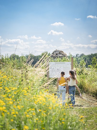 Besucherinnen stehen vor einer Infotafel im Botanischen Obstgarten „Schäbles Kleinod“ bei Wemding. Im Vordergrund blühende Gräser und Blumen. Besucherinnen stehen vor einer Infotafel im Botanischen Obstgarten „Schäbles Kleinod“ bei Wemding. Im Vordergrund blühende Gräser und Blumen.