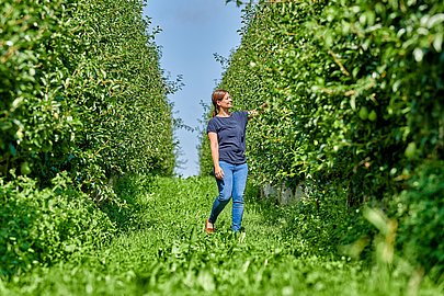 Frau wandert über Obstplantage im Landkreis Augsburg