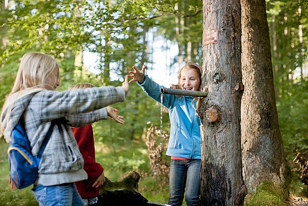 Fröhliche Kinder beim Spielen an einer Quelle im Wald Fröhliche Kinder beim Spielen an einer Quelle im Wald