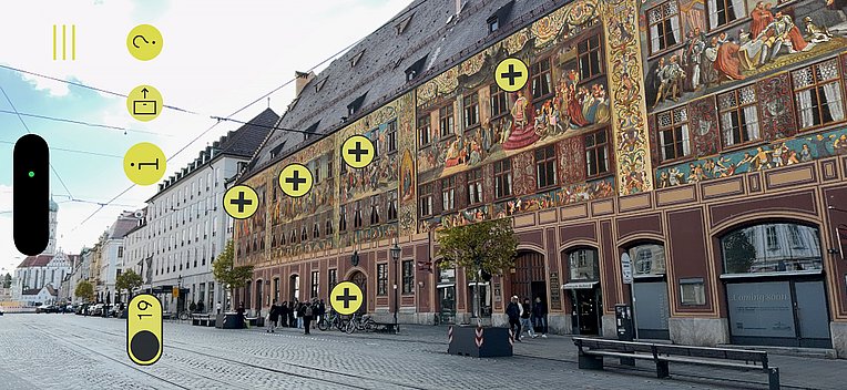 Die virtuelle Ansicht auf die Fresken am Fuggerstadtpalast bei Aufruf der Station durch die App EPOCI-Augsburg OCI   