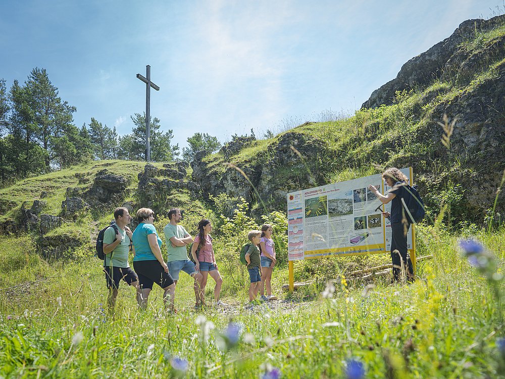 Gruppe macht Geoparkführung am Adlersberg bei Nördlingen