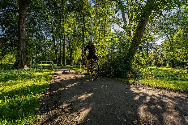 Eine Radfahrer fährt durch den Stadtpark Hagenweide in Günzburg