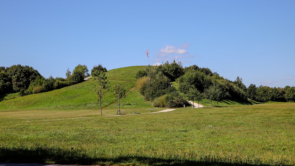 Grüne Wiese mit kleinen Berg und Flagge oben Grüne Wiese mit kleinen Berg und Flagge oben