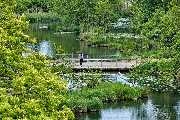Frau auf Brücke am begrünten Salzweiher in Autenried