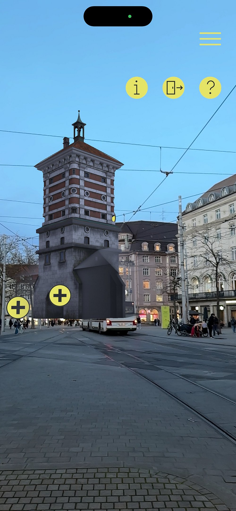 Blick auf das virtuelle Gögginger Tor am Augsburger Königsplatz bei Aufruf der Station durch die EPOCI-App 