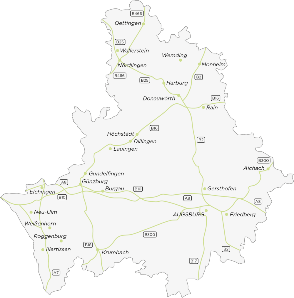 Karte mit Autobahnlinien Bayerisch-Schwaben 