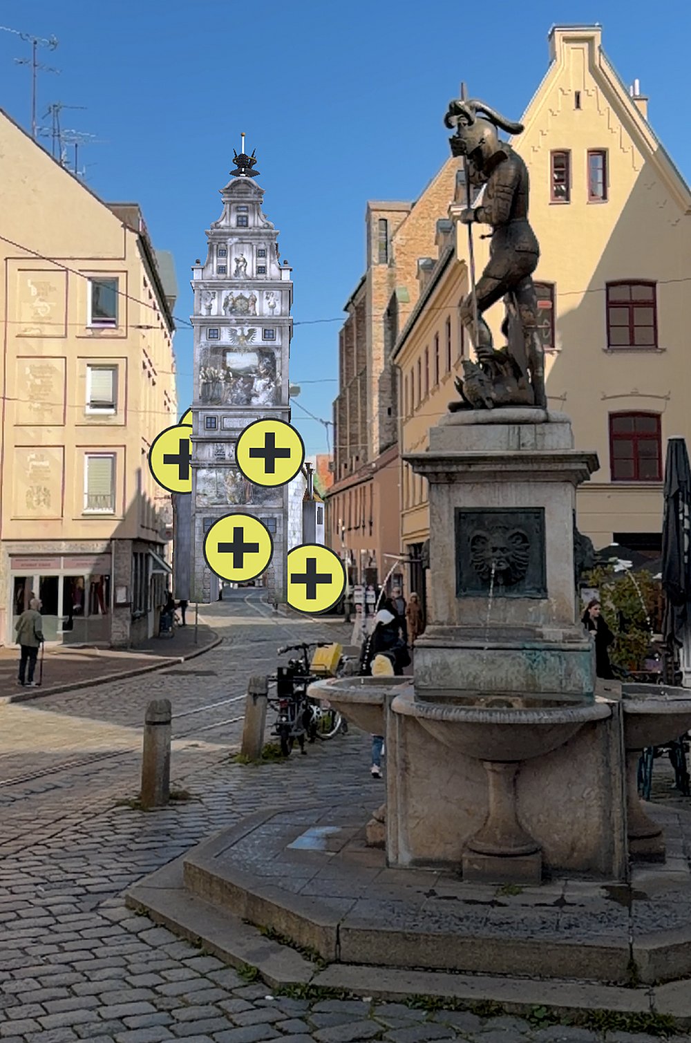 Blick auf die virtuell Ansicht des Barfüßertors bei Aufruf der Station durch die App EPOCI Augsburg 