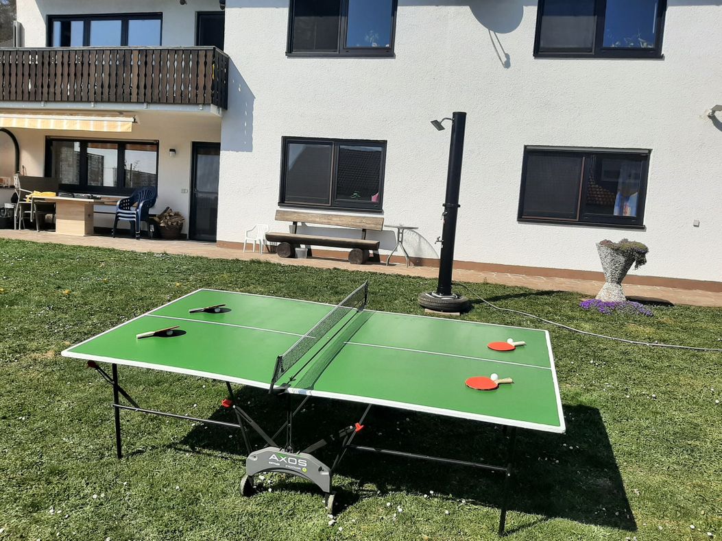 Tischtennisplatte, Fussball, Federball, Badminton, Boingball, Zugball, Gartenspiele usw.