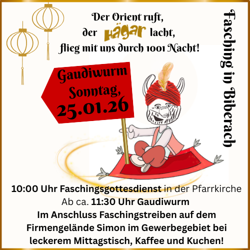 Hägar Faschingsgottesdienst m. anschließenden Gaudiwurm durchs Dorf und Faschingstreiben auf dem Firmengelände der Firma Simon im Gewerbegebiet in Biberach