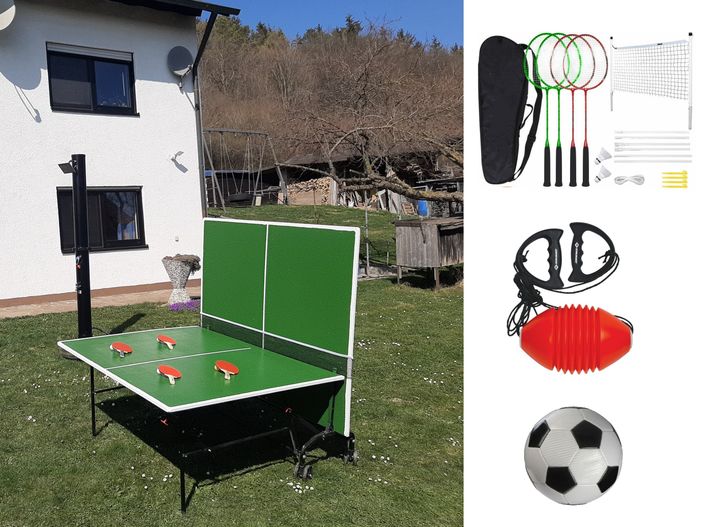 Tischtennisplatte, Fussball, Federball, Badminton, Boingball, Zugball, Gartenspiele usw.